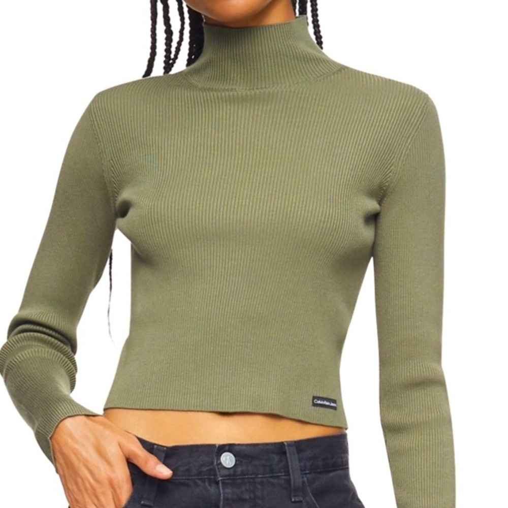 Calvin Klein Jeans Olive Ribbed Knit Mock Turtleneck Top